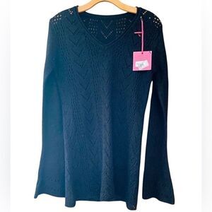 Mey NWT Italian Mohair Maglia Black Flared Long Sleeve Crochet Sweater
